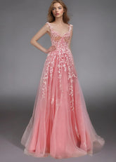 Genevieve | Pink Black Lace Floral A Line Tulle Prom Dress with slit - Light Pink - PromDressClub