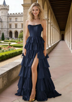 Aila Navy Blue Satin Corset Prom Dress with Ruffles | A - Line Strapless Beaded Tiered Formal Dress with Slit - Navy Blue - PromDressClub