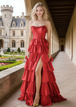 Aila Red Satin Corset Prom Dress with Ruffles | A - Line Strapless Beaded Tiered Formal Dress with Slit - Red - PromDressClub