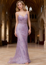 Aithea Purple Glitter Prom Dress | Sheath Spaghetti Strap V-Neck Corset Cocktail Dress
