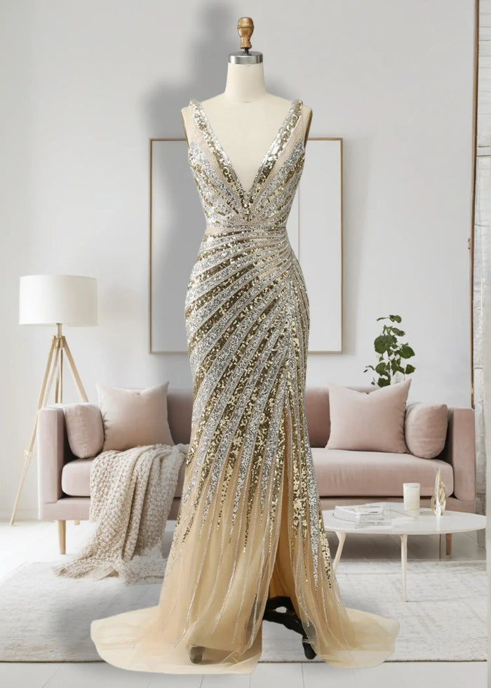 Amanda | Gold Mermaid V Neck Backless Sequin Prom Dress with Slit - Gold - PromDressClub