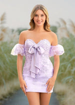Amber | Bodycon Lavender Lace Strapless Detachable Puff Sleeves Homecoming Dress Bow - Lavender - PromDressClub
