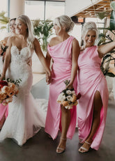 Amelia | Sheath Pleated Hot Pink Stretch Satin Maxi Bridesmaid Dress with Slit and One Shoulder - Price #price_variant_lowest# - Hot Pink - PromDressClub