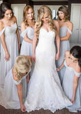 Anastasia | Boho A - Line Corset Backless Light Grey Chiffon Maxi Bridesmaid Dress with Off the Shoulder and Sweetheart Neck - Price #price_variant_lowest# - Grey - PromDressClub