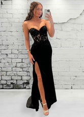 Angela | Mermaid Black Lace Strapless Corset Prom Dress with Slit - Black - PromDressClub