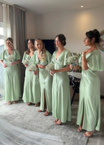 Anna | Sheath Modest Sage Green Satin Maxi Bridesmaid Dress with Slit and Buttons - Price #price_variant_lowest# - Sage - PromDressClub