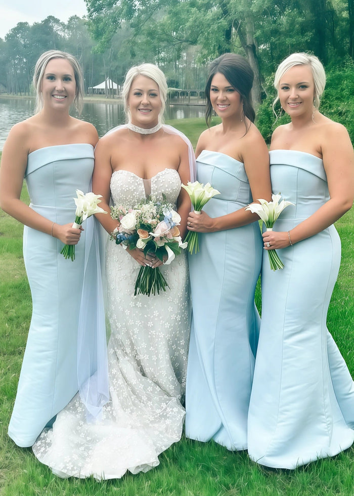 Antonia | Sheath Stretch Strapless Aqua Blue Satin Maxi Bridesmaid Dress with Fold - Price #price_variant_lowest# - Aqua - PromDressClub