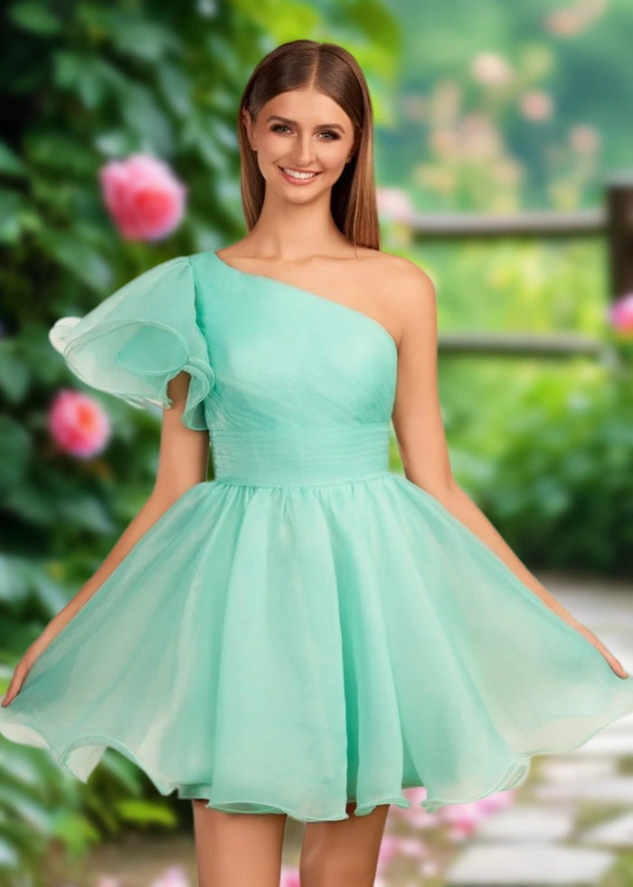 April | Mint Green Organza One Shoulder Ruffle A Line Homecoming Dress - Mint Green - PromDressClub