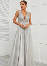 Astrid | Deep V Neck Long Grey Prom Dress with A - Line Appliques - Grey - PromDressClub