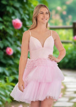 Audrey | A Line Light Pink Tulle Corset Tiered Ruffle Short Homecoming Dress - Light Pink - PromDressClub