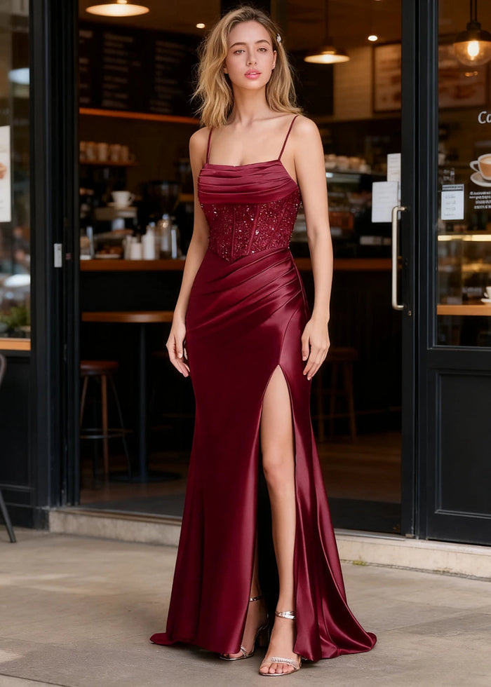 Aureate Burgundy Mermaid Pleated Prom Dress | Cowl Neck Corset Sequins Dress with Slit - US0 - PromDressClub