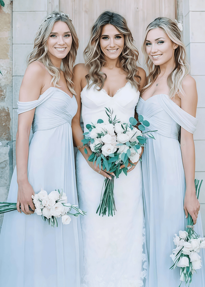 Beryl | Boho A - Line Backless Light Blue Chiffon Maxi Bridesmaid Dress with Off the Shoulder and Sweetheart - Price #price_variant_lowest# - Light Blue - PromDressClub