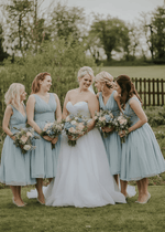 Betty | A - Line Ruched Beach Dusty Blue Chiffon Midi Bridesmaid Dress with V - Neck - Price #price_variant_lowest# - Dusty Blue - PromDressClub