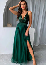 Beverly | A Line Long Green Prom Dress With V - neck Sequin Slit - Green - PromDressClub