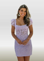 Myrna |Bodycon Square Neck Lace Purple V - shaped Back Corset Dress Short Homecoming Dress with Appliques - Purple - PromDressClub