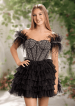 Brooke | A Line Black Tulle Off the Shoulder Beaded Feather Ruffle Cocktail Dress - Black - PromDressClub