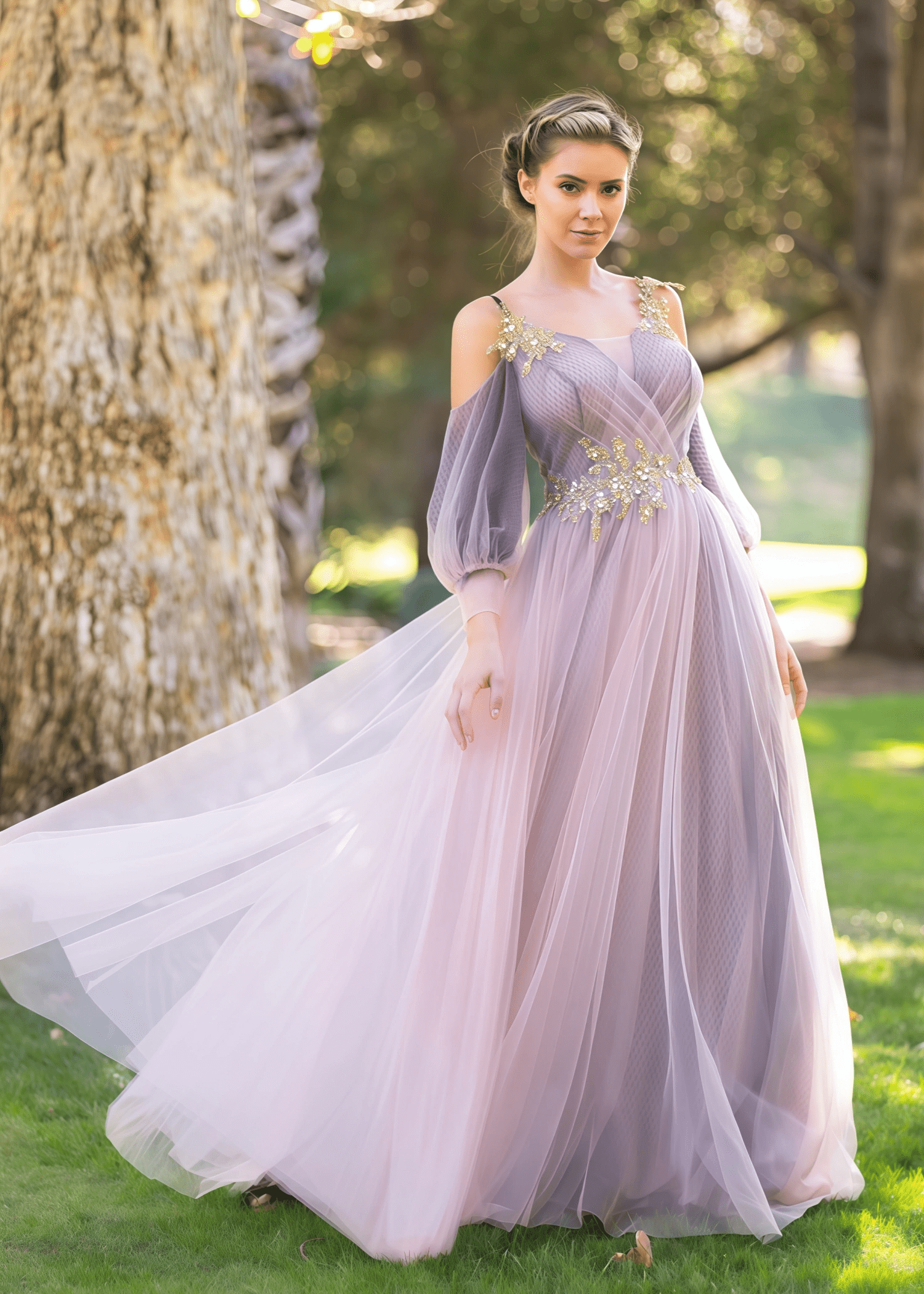 Carol | Long Lavender Prom Dresses With A - Line Wrap Top Tulle Half - Sleeve Appliques - Lavender - PromDressClub