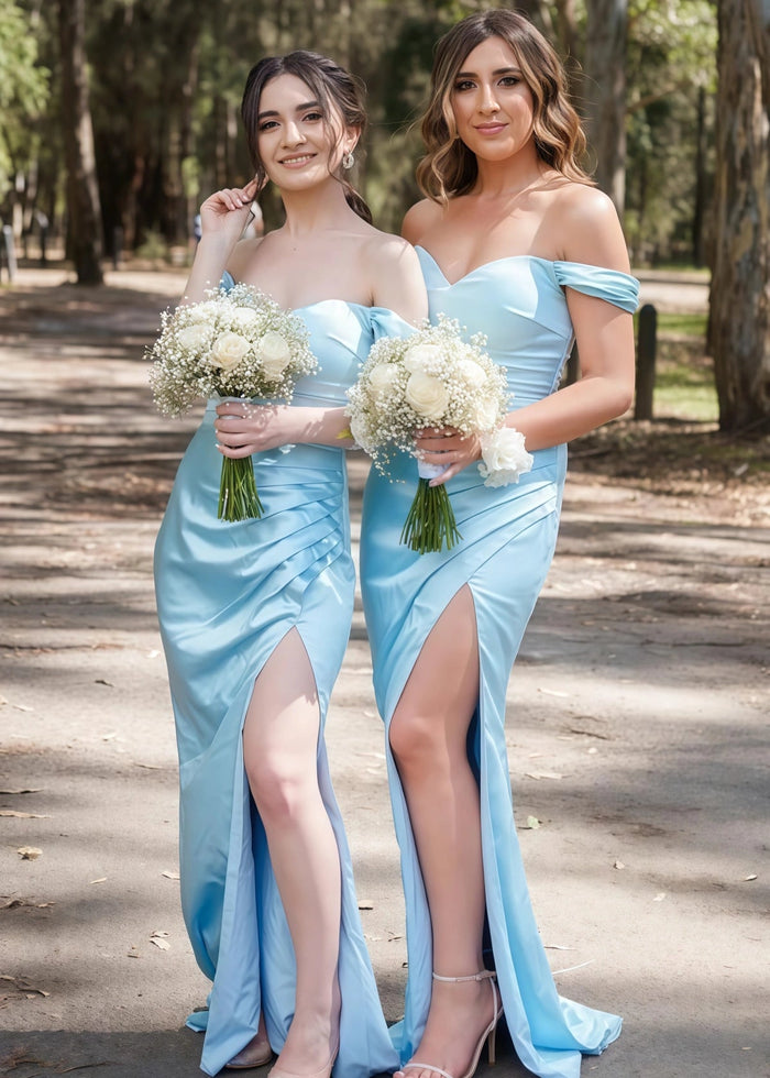 Catherine | Boho Sheath Pleated Backless Light Blue Satin Maxi Bridesmaid Dress with Slit and Off the Shoulder - Price #price_variant_lowest# - Light Blue - PromDressClub