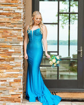 Charlotte | Long Blue Prom Dress Satin With Mermaid Spaghetti Straps Beaded - Blue - PromDressClub