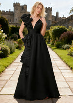 Coral Black Chiffon Prom Dress Ruffles | A - Line V - Neck Floor Length Backless Formal Dress - Black - PromDressClub