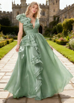 Coral Sage Green Chiffon Prom Dress Ruffles | A-Line V-Neck Floor Length Backless Formal Dress