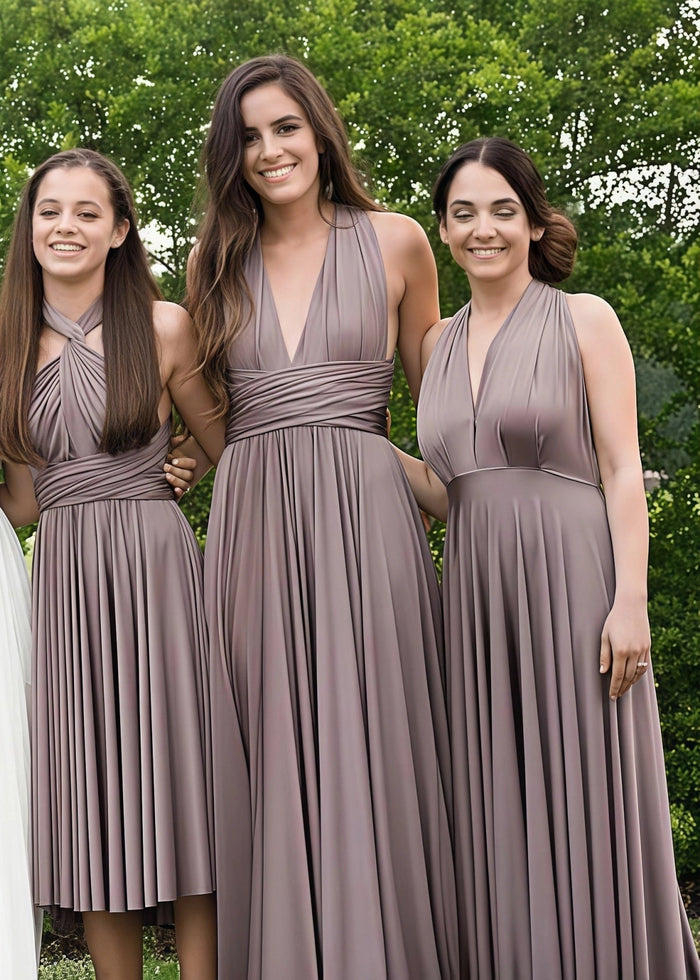 Coral | Ethereal Elegance Convertible Taupe Chiffon Maxi Bridesmaid Dress with Multiway Infinity - Price #price_variant_lowest# - Taupe - PromDressClub