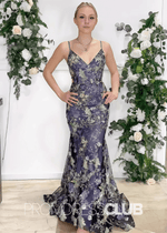 Cynthia |Navy Blue Prom Dress Long Mermaid Spaghetti Straps with Sparkly Appliques - Navy Floral - PromDressClub