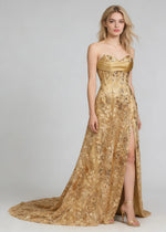 Dara Glitter Gold Strapless Prom Dress | A - Line Sweetheart Neckline Sequin Cocktail Dress with Slit - Gold - PromDressClub