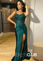 Dolores |Dark Green Prom Dress Long Mermaid Pleated Corset Spaghetti Straps with Slit - Dark Green - PromDressClub