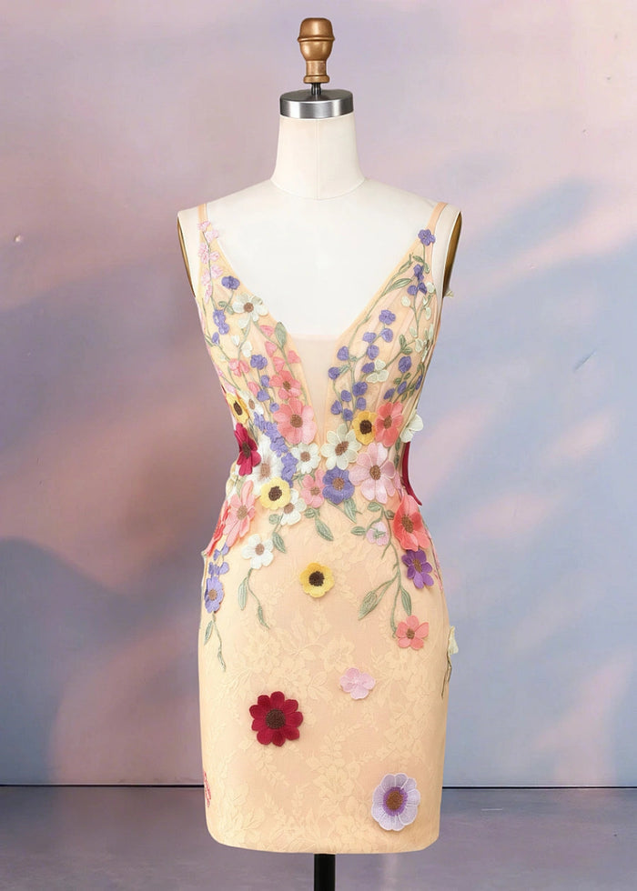 Domizia | Stunning Flower Homecoming Dresses That Wow at First Sight - Champagne Floral - PromDressClub