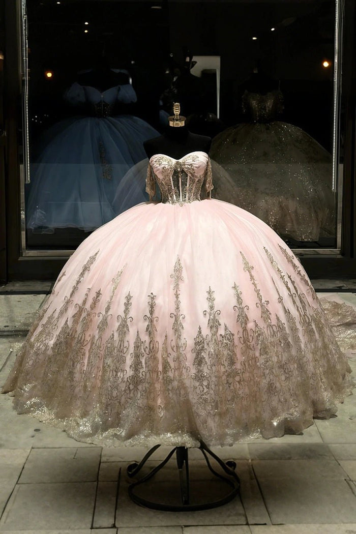 Dora | Gorgeous Light Pink and Gold Quinceanera Dresses with Bow - Perfect for Memorable Celebrations - Light Pink - PromDressClub