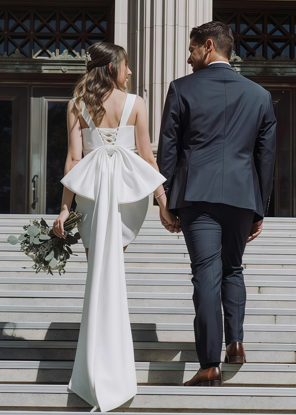 Doris | Bodycon Square Neck White Satin Mini/Short Wedding Dress with Bow Back and Veil - Price #price_variant_lowest# - White - PromDressClub