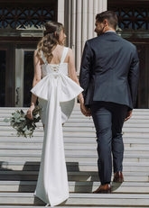 Doris | Bodycon Square Neck White Satin Mini/Short Wedding Dress with Bow Back and Veil - Price #price_variant_lowest# - White - PromDressClub