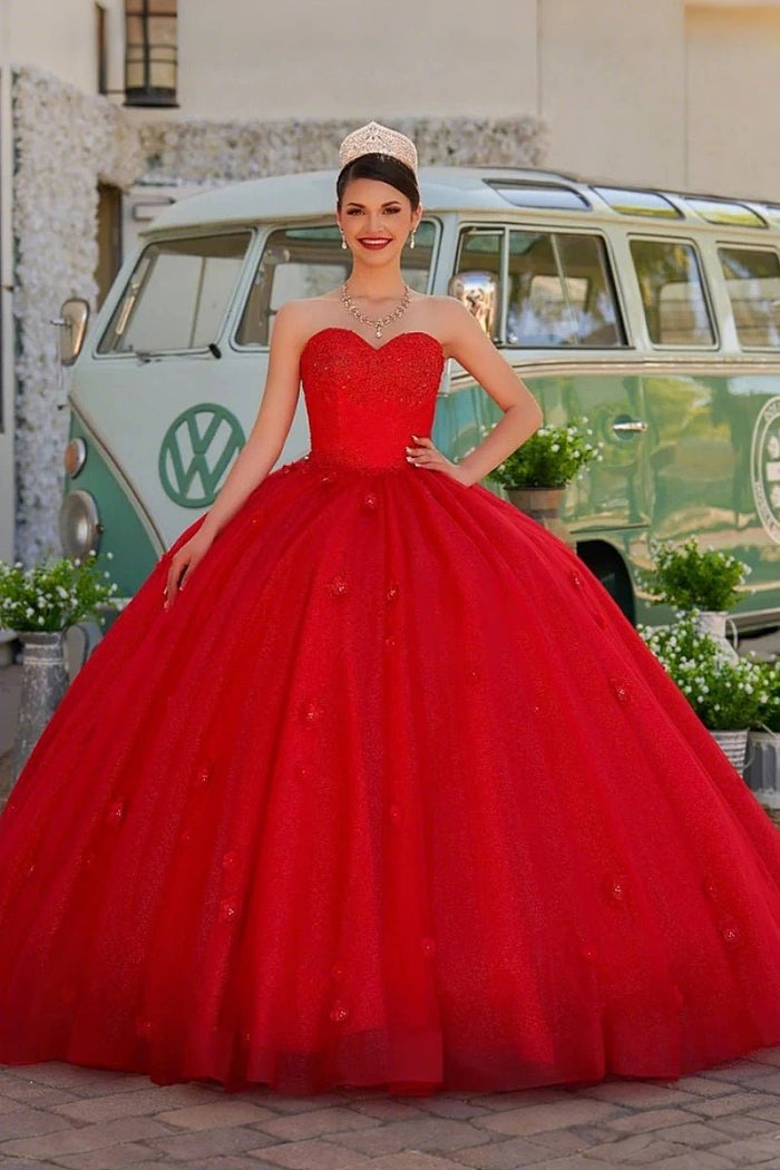 Dorothy | Gorgeous Glitter Red 3D Flower Quinceanera Dresses - Available in Fuchsia, Navy Blue, Royal Blue & Black! - Red - PromDressClub