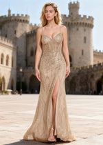 Ebullience Champagne Sequins Mermaid Prom Dress | Spaghetti Straps Sweetheart Neckline Floor Length Slit Dress - US0 - PromDressClub