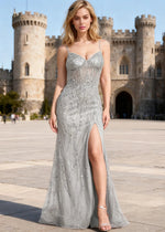 Ebullience Silver Sequins Mermaid Prom Dress | Spaghetti Straps Sweetheart Neckline Floor Length Slit Dress - US0 - PromDressClub