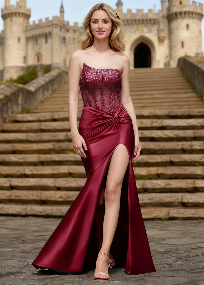 Effulgence Burgundy Rhinestone Strapless Prom Dress | Mermaid Asymmetrical Corset Fitted Pleated Dress with Slit - US0 - PromDressClub