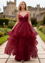 Ella Burgundy Glitter Tulle Ruffled Prom Dress | A-Line Spaghetti Strap V-Neck Wedding Guest Dress