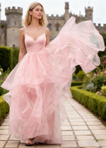 Ella Light Pink Glitter Tulle Ruffled Prom Dress | A - Line Spaghetti Strap V - Neck Wedding Guest Dress - Light Pink - PromDressClub