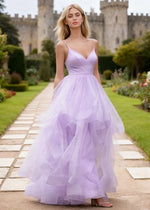 Ella Lilac Glitter Tulle Ruffled Prom Dress | A - Line Spaghetti Strap V - Neck Wedding Guest Dress - Lilac - PromDressClub