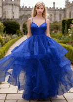 Ella Royal Blue Glitter Tulle Ruffled Prom Dress | A - Line Spaghetti Strap V - Neck Wedding Guest Dress - Royal Blue - PromDressClub