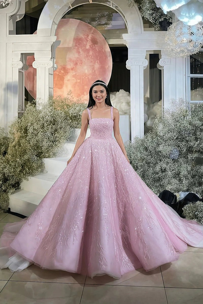 Elsa | Stunning Glitter Pink Square Neckline Quinceanera Dresses for Memorable Events - Pink - PromDressClub