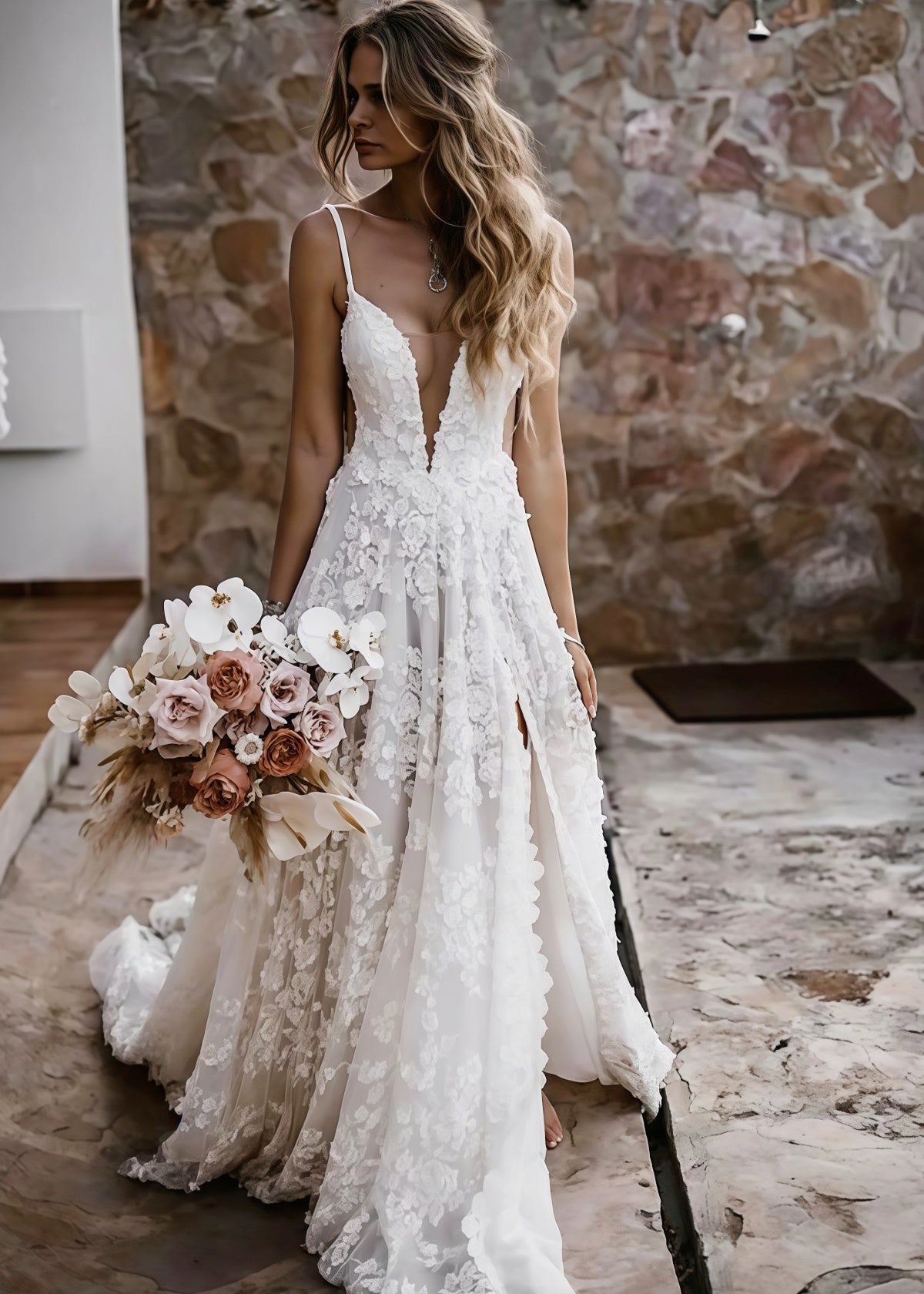 Elsie | Boho Spaghetti Straps A Line Appliques Lace White Wedding Dress Train with Slit - Price #price_variant_lowest# - White - PromDressClub