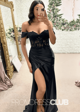 Elsie |Mermaid Black Prom Dresses Long Sweetheart Corset Spaghetti Straps with Slit - Black - PromDressClub