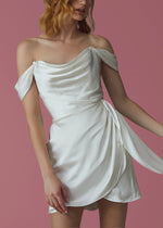 Elvira | Glamorous Off the Shoulder Pleated Backless Short White Silk Wedding Dress - Price #price_variant_lowest# - White - PromDressClub