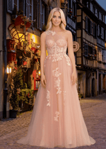 Emily | Light Pink Black Lace A Line One Shoulder Tulle Prom Dress Split - Light Pink - PromDressClub