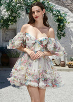 Ereshkigal | Dreamy Floral Homecoming Dress: Ruffles & Off the Shoulder Elegance - White Floral - PromDressClub