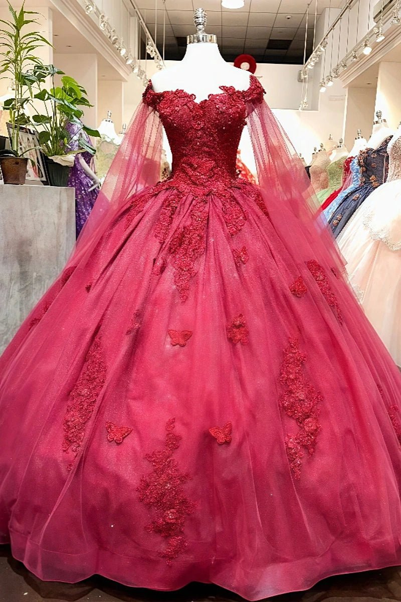 Estelle | Stunning Red/Emerald Green/Dusty Blue Lace Flower Off the Shoulder Quinceanera Dresses - Red - PromDressClub