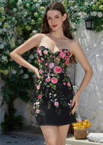 Eulalie | Discover the Perfect Black Homecoming Dress: Floral, Strapless & Backless Elegance - Black Floral - PromDressClub