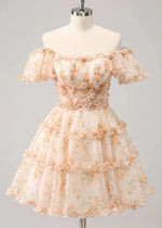 Evaluna | Stunning Champagne Floral Homecoming Dress: Dance the Night Away Beautifully - Champagne Floral - PromDressClub